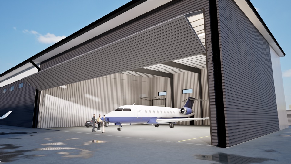 3D rendering inside a Vesper Aviation hangar — a business jet with the taxilane door open and a vehicle and people alongside