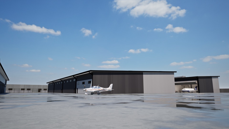 3D rendering of the hangar row from the apron — a single-engine aircraft on the ramp and a business jet in an open hangar