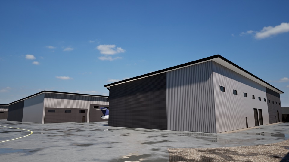 3D rendering of the hangar massing from the apron — clear-span metal-panel hangars with a jet tail visible in an open door