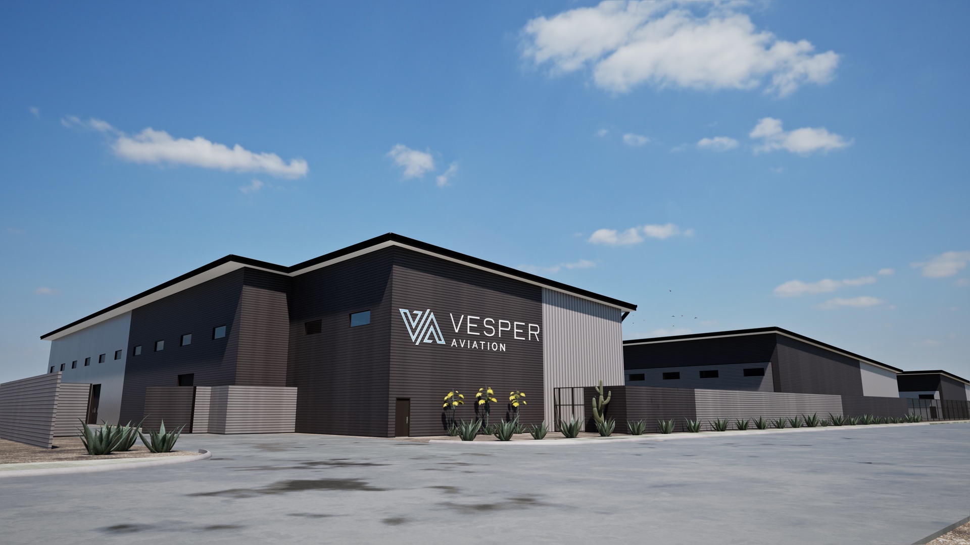 3D rendering of the Vesper Aviation executive hangar campus at Chandler Municipal Airport, viewed from the street approach