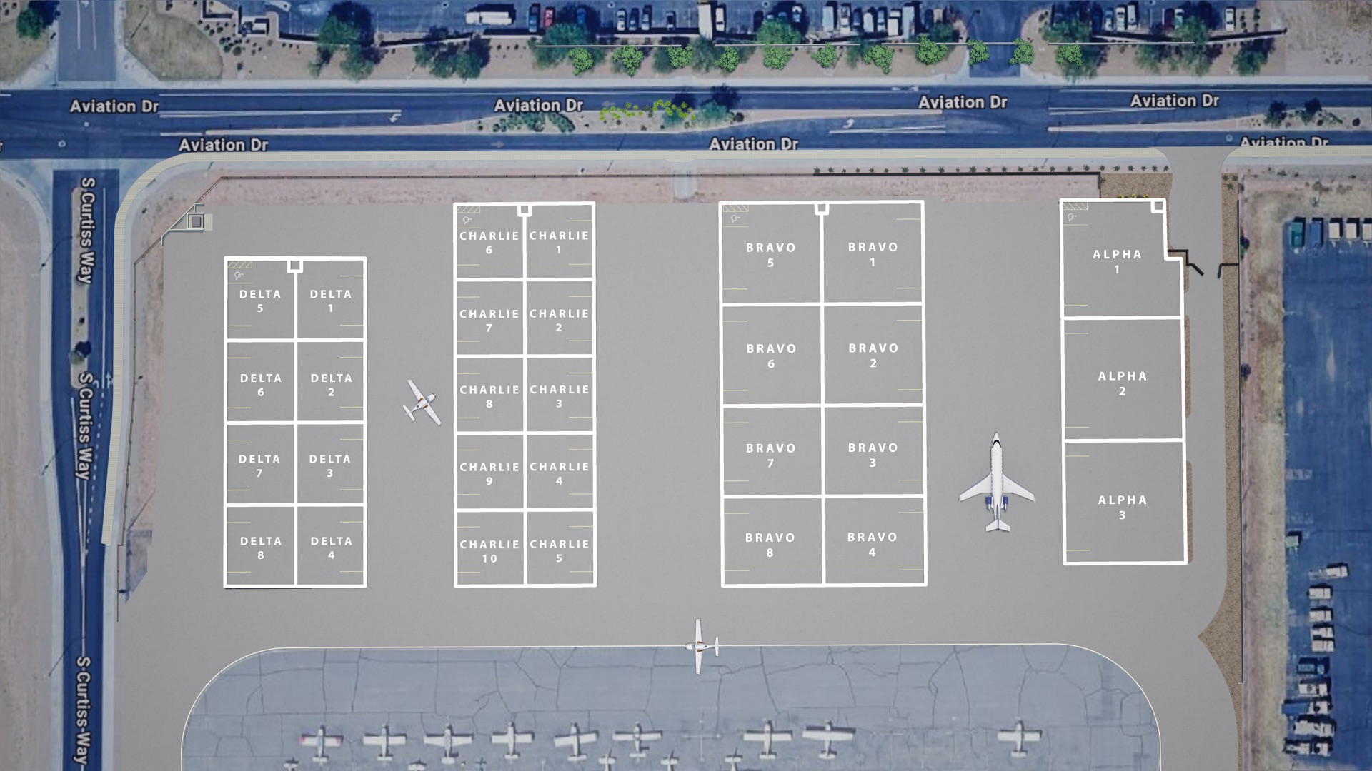 Interactive aerial site plan of the Vesper Aviation campus at Chandler Municipal Airport — four hangar buildings (Alpha, Bravo, Charlie, Delta) totaling 29 units along Aviation Drive; select any hangar to view its specifications