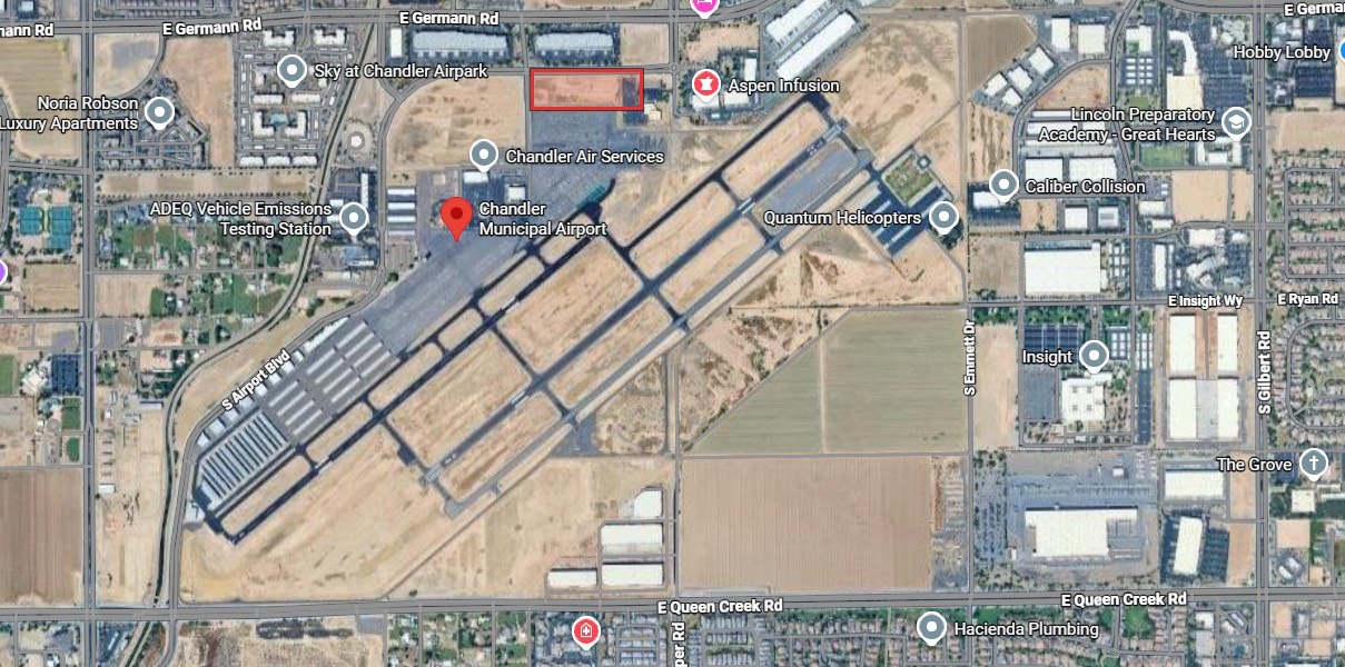 Locator map of Chandler Municipal Airport (CHD) with the Vesper Aviation development parcel outlined in red, near Sky at Chandler Airpark off East Germann Road